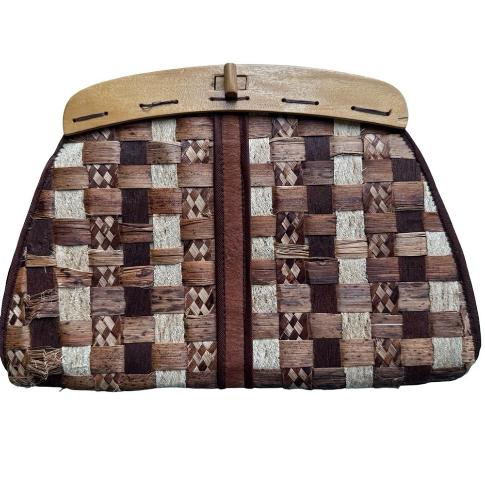 Chic Vintage Boho Woven Clutch with Wooden Accents Retro Evening Handmade